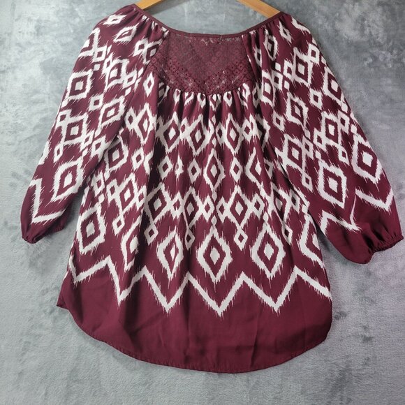 Jolt Womens Small Peasant Blouse Burgundy White Ikat Print Boho 3/4 Sleeve - Picture 9 of 10
